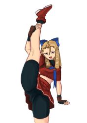 1girl :d bike_shorts bike_shorts_under_skirt black_eyes black_gloves blonde_hair blue_bow bow drill_hair fingerless_gloves gloves hair_bow highres kanzuki_karin leg_up looking_at_viewer midriff navel open_mouth red_shirt red_shoes red_skirt shirt shoes skirt smile solo split standing standing_on_one_leg standing_split street_fighter tikuwabu_33 white_background