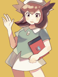 1girl :d anidler91 bianca_(pokemon_heroes) black_eyes brown_hair collared_shirt cowboy_shot green_shirt hand_up highres miniskirt nintendo open_mouth pokemon pokemon_(anime) pokemon_(classic_anime) pokemon_heroes:_latios_&amp;_latias shirt short_hair short_sleeves simple_background skirt smile solo white_skirt yellow_background