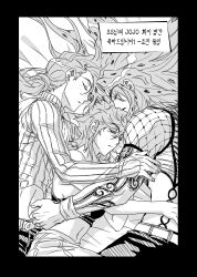 Rule 34 | 1girl, 2boys, absurdres, arm tattoo, bra, breasts, commentary request, crop top, cropped sweater, diavolo, earrings, father and daughter, fishnet top, fishnets, freckles, greyscale, highres, jeonjin (mynamebazin), jewelry, jojo no kimyou na bouken, korean commentary, korean text, lipstick, long hair, makeup, medium breasts, midriff, monochrome, multiple boys, navel, pants, ponytail, short hair, sideboob, spotted hair, stud earrings, sweater, tattoo, translation request, trish una, turtleneck, turtleneck sweater, underwear, vento aureo, vinegar doppio