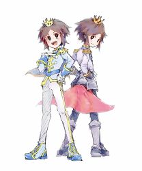 Rule 34 | 1boy, :d, black pants, blue footwear, blue shirt, bright pupils, brown eyes, brown hair, creatures (company), crown, epaulettes, full body, game freak, gloves, grey footwear, grey shirt, highres, long sleeves, looking at viewer, male focus, mini crown, multiple views, nate (champion) (pokemon), nate (pokemon), nintendo, official alternate costume, open mouth, pants, pokemon, pokemon bw2, pokemon masters ex, pokestar studios, shirt, short hair, simple background, smile, solo, standing, tan carbonnn, white background, white gloves, white pants, white pupils