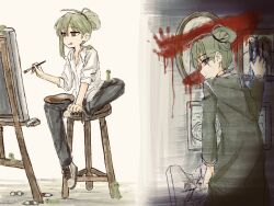 1boy black_pants blood brown_eyes coat collared_shirt floor_of_art&#039;s_glowing_creature full_body green_coat green_hair highres june_blues library_of_ruina long_hair long_sleeves looking_at_viewer male_focus netzach_(project_moon) painting_(action) pants ponytail project_moon shirt shoes simple_background sitting solo stool tongue tongue_out white_background white_shirt white_shoes