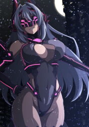 Rule 34 | 1girl, absurdres, android, aoi tabane, bare shoulders, black gloves, black leotard, blue hair, breasts, cleavage, cleavage cutout, clothing cutout, covered navel, cowboy shot, elbow gloves, gloves, grin, hand on own hip, headgear, highleg, highleg leotard, highres, katsuragi marina, kouyoku senki exs-tia, large breasts, leotard, long hair, looking at viewer, mask, mind controlled exs-tia, moon, night, robot ears, smile, solo, thighhighs