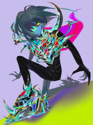 1other absurdres adapted_costume armor blue_skin cape colored_sclera colored_skin deltarune floating_hair halfmoonstruck highres kris_(dark_world)_(deltarune) kris_(deltarune) red_eyes yellow_sclera