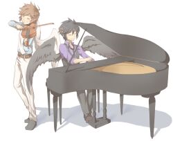 2boys ahoge alternate_costume angel angel_wings azuru_(cyandine) black_hair bow_(music) brown_hair closed_eyes collared_shirt dark_pit full_body holding holding_bow_(music) holding_instrument holding_violin instrument kid_icarus kid_icarus_uprising laurel_crown male_focus multiple_boys music nintendo pit_(kid_icarus) playing_instrument playing_piano purple_shirt shirt simple_background violin white_background wings