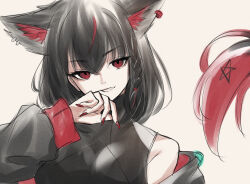 Rule 34 | 1girl, animal ear fluff, animal ear piercing, animal ears, bare shoulders, black hair, black tank top, braided sidelock, colored inner animal ears, commentary, fingernails, fox ears, grin, hair between eyes, hand on own chin, hand up, head tilt, hololive, kurokami fubuki, long fingernails, long sleeves, looking at viewer, multicolored hair, nail polish, negative space, nose, off shoulder, portrait, red eyes, red hair, red nails, red streaks, sharp fingernails, simple background, sketch, smile, solo, streaked hair, tank top, toui penko, virtual youtuber, white background