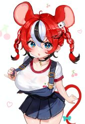 1girl absurdres aged_down ahoge animal_ears blush breasts cherry choker dice dice_hair_ornament food fruit hair_ornament hairclip hakos_baelz highres hololive hololive_english key key_choker large_breasts looking_at_viewer mouse_ears mouse_girl mouse_tail multicolored_hair nail_polish open_mouth oppai_loli piercing pigtail_braids red_hair red_nails shirt shortstack skirt soradally suspenders tail thighs virtual_youtuber white_background white_shirt wide_hips