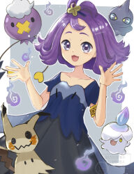 1girl :d acerola_(pokemon) aoneko4ao_(edwf7745) armlet collarbone commentary dress drifloon gen_3_pokemon gen_4_pokemon gen_5_pokemon gen_7_pokemon grey_background grey_eyes hair_ornament hands_up highres jewelry litwick mimikyu nintendo open_mouth pokemon pokemon_(creature) pokemon_sm purple_hair short_hair shuppet smile stitches tongue topknot