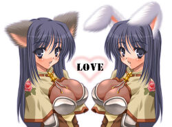 Rule 34 | 2girls, animal ears, armor, bad anatomy, blue eyes, blue hair, boobplate, breastplate, breasts, capelet, cat ears, facing another, floral print, hair between eyes, hakoiri nyanko, heart, large breasts, long hair, lowres, multiple girls, parted lips, rabbit ears, ragnarok online, rose print, simple background, swordsman (ragnarok online), symmetrical pose, symmetry, white background, yellow capelet