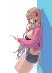 1girl black_mask black_nails black_tube_top breasts brown_hair candy cleavage fingernails food goddess_of_victory:_nikke grey_shorts hair_ornament highres holding holding_candy holding_food holding_lollipop holding_phone horns jacket large_breasts lollipop lollipop_in_mouth long_hair long_sleeves looking_at_phone mask mask_lift mouth_mask nail_polish phone pink_eyes pink_horns pink_jacket shorts snake_hair_ornament solo strapless thighs tongue tongue_out tube_top viper_(nikke) white_background xi_xeong