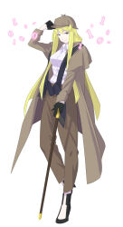 1girl absurdres black_eyes blonde_hair breasts brown_coat brown_hat brown_pants cane coat cosplay digimon digimon_story:_cyber_sleuth full_body hat highres holding holding_cane kuremi_kyouko large_breasts long_hair pants sherlock_holmes sherlock_holmes_(cosplay) shirt simple_background solo taira_(tairamon) white_background white_shirt