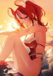 Rule 34 | 1girl, absurdres, animal ears, bare legs, bikini, black streaks, blue eyes, breasts, crossed bangs, from side, hair between eyes, hair tie in mouth, hakos baelz, hakos baelz (holonatsu paradise), highres, hololive, hololive english, jiang ye kiri, knees up, lens flare, looking at viewer, medium breasts, mouse ears, mouse girl, mouse tail, mouth hold, multicolored hair, ocean, one-piece swimsuit, one eye closed, ponytail, red bikini, red hair, red one-piece swimsuit, shore, sitting, solo, streaked hair, sunset, swimsuit, tail, thighs, virtual youtuber, waves, wet, white streaks