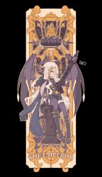 1701hbk 1girl black_coat black_gloves black_halo black_skirt black_thighhighs blue_archive card coat demon_girl demon_horns demon_wings full_body gloves gun halo highres hina_(blue_archive) holding holding_gun holding_weapon horns looking_at_viewer machine_gun mg42 sitting skirt solo tarot thighhighs thighs weapon wings