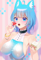 1girl ahoge alternate_costume animal_ear_fluff animal_ear_piercing animal_ears belt belt_collar black_belt blue_eyes blue_hair blue_leotard blush breasts buren cake cake_slice collar covered_erect_nipples dog_ears dog_girl earrings eating food fruit highres holding holding_cake holding_food icing icing_on_face jewelry large_breasts leotard looking_at_viewer medium_hair nanashi_inc. open_mouth pink_background single_earring solo souya_ichika strawberry tongue tongue_out upper_body virtual_youtuber