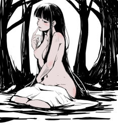 1girl bed_sheet blush breasts female_focus finger_to_mouth kubocha kubota long_hair naked_sheet nipples original solo very_long_hair