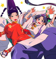 Rule 34 | 2boys, anger vein, annoyed, arms up, ben-day dots, black hair, blush, bow, chestnut mouth, falling, floating hair, green eyes, hakama, hakama pants, hat, houjou tokiyuki (nige jouzu no wakagimi), japanese clothes, jitome, kariginu, landing, long hair, long sleeves, lying, lying on person, male focus, multiple boys, nige jouzu no wakagimi, on back, open mouth, pants, parted bangs, ponytail, purple eyes, raised eyebrow, red hakama, red sash, ribbon-trimmed sleeves, ribbon trim, sanamaru (sana79261827), sandals, sash, scene reference, screentones, sidelocks tied back, simple background, small sweatdrop, star (symbol), suwa yorishige (nige jouzu no wakagimi), tabi, tate eboshi, very long hair, white background, wide sleeves, zouri