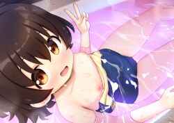 1girl adversarial_noise akagi_miria bathtub blue_one-piece_swimsuit blush breasts breasts_out brown_eyes brown_hair cameltoe cedar_(cedar_japonica) clothes_pull commentary_request idolmaster idolmaster_cinderella_girls loli looking_at_viewer nipples one-piece_swimsuit one-piece_swimsuit_pull open_mouth paid_reward_available partially_submerged school_swimsuit small_breasts solo swimsuit v variant_set