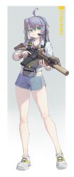 1girl absurdres antenna_hair artist_name assault_rifle bare_legs dolphin_shorts english_text flashlight full_body green_eyes gun headset highres long_hair mk18 original pilot_webber purple_hair rail_(weapon) rifle scope shirt shoes shorts simple_background sneakers solo suppressor trigger_discipline weapon white_background white_shirt