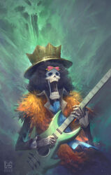 1boy 2017 afro ascot black_hair blue_ascot brook_(one_piece) commentary crown crown_hat electric_guitar english_commentary eyewear_on_head ghost gold_crown guitar hat heart heart-shaped_eyewear highres holding holding_guitar holding_instrument instrument male_focus music one_piece open_mouth pink-tinted_eyewear playing_guitar playing_instrument signature skeleton solo sunglasses tinted_eyewear vuogle yellow-framed_eyewear