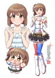 1girl absurdres black_skirt blue_choker blue_thighhighs blunt_bangs blush blush_stickers bob_cut boots brown_eyes brown_hair chain character_name chibi chibi_inset choker dress eyelashes flower frilled_skirt frills full_body gold_trim hagiwara_yukiho hair_flower hair_ornament highres idolmaster idolmaster_(classic) idolmaster_million_live! idolmaster_million_live!_theater_days inverted_bob long_sleeves mismatched_thighhighs multicolored_choker multiple_views ngetyan no_sclera official_alternate_costume red_choker red_thighhighs short_hair signature skirt sleeveless sleeveless_dress sparkle sparkle_print starpiece_memories_(idolmaster) striped_clothes striped_dress sweatdrop thighhighs upper_body white_background white_boots white_dress wing_collar