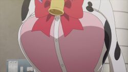 1girl animal_costume animal_print animated anime_screenshot bell bouncing_breasts breast_focus breasts cosplay cow_costume cow_print cowbell highres kigurumi large_breasts mizuori_shizuku neck_ribbon red_ribbon ribbon sound summer_pockets tagme video