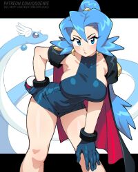1girl 333_(dqqqdle) blue_eyes blue_hair breasts clair_(pokemon) dragonair gen_1_pokemon large_breasts nintendo pokemon pokemon_(creature) pokemon_gsc