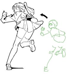 1girl full_body greyscale guide how_to long_hair long_sleeves monochrome oekakiism original pleated_skirt running skirt thighhighs twintails