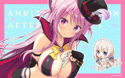 2girls :d ambitious_mission arise_atena arise_kaguya bare_shoulders between_breasts black_gloves black_headwear black_trim blue_background blue_bow blush border bow bracelet breasts bright_pupils cd chibi chibi_inset cleavage cloak closed_mouth collarbone company_name copyright_name dress dutch_angle elbow_gloves eyelashes eyes_visible_through_hair fingerless_gloves frown gem gloves hair_bow hair_rings hat hat_bow hat_feather heart highres holding_cd jewelry large_breasts light_brown_hair long_hair looking_at_viewer mini_hat mini_top_hat moribe_(rabumanyo) multiple_girls official_art official_wallpaper open_mouth phantom_thief picpicgram pink_border pink_hair purple_eyes purple_gemstone red_bow red_cloak red_eyes shy sidelocks smile solo_focus star_(symbol) star_on_cheek star_print straight_hair swept_bangs top_hat two_side_up upper_body very_long_hair white_dress white_pupils yellow_bow