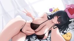 &gt;_&lt; absurdres azur_lane black_bra black_hair black_panties bra breasts condom condom_wrapper heart heart_print highres holding holding_condom huge_breasts indoors jewelry lace lace-trimmed_bra lace_trim long_hair lying manjuu_(azur_lane) manjuu_abuse_(azur_lane) navel on_side outstretched_arm panties pillow red_eyes ring ruda7032 taihou_(azur_lane) underwear v very_long_hair wedding_ring window