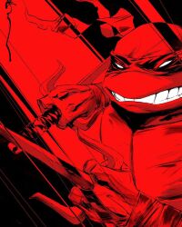 1boy bad_link duss005 holding holding_weapon male_focus mask mouth_mask ninja ninja_mask raphael_(tmnt) red_background sai_(weapon) simple_background teenage_mutant_ninja_turtles teeth turtle_boy weapon