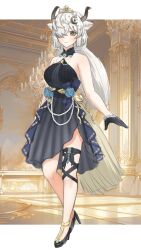 absurdres asymmetrical_dress bare_shoulders black_choker black_dress black_footwear black_gloves blush choker crown dress frilled_dress frills gloves hair_over_one_eye half_gloves high_heels highres kemono_friends kemono_friends_3 long_hair official_alternate_costume orange_eyes ox_ears ox_girl ox_horns ox_tail palace shirotsu116478 sidelocks sleeveless thigh_strap twintails white_hair yak_(kemono_friends)