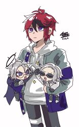 Rule 34 | 3boys, absurdres, ahoge, aotsuki eito, black gloves, black halo, black pants, black streaks, blue eyes, blue jacket, closed eyes, commentary request, cowboy shot, dual persona, fighting, glasses, gloves, grey hair, grey jacket, halo, highres, holding chibi, hood, hoodie, jacket, jacket over hoodie, kawati, last defense academy school uniform, male focus, multicolored hair, multicolored jacket, multiple boys, official alternate hairstyle, pants, purple eyes, red hair, school uniform, short hair, simple background, sketch, spoilers, streaked hair, sumino takumi, the hundred line -last defense academy-, translation request, two-tone jacket, white background, white gloves, white hoodie, white jacket