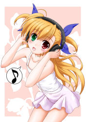 1girl :d animal_print asymmetrical_bangs bare_shoulders blonde_hair blue_ribbon blush border camisole collarbone commentary_request cowboy_shot eighth_note flat_chest flipper green_eyes hair_ribbon hands_on_headphones hands_up headphones heterochromia leaf leaf_background leaning_forward long_hair looking_at_viewer lyrical_nanoha mahou_shoujo_lyrical_nanoha_vivid miniskirt musical_note open_mouth outside_border pink_skirt print_skirt rabbit_print red_eyes ribbon skirt smile solo spoken_musical_note two_side_up vivio white_border white_camisole