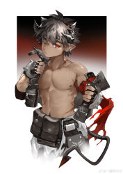 1boy abs absurdres arknights belt_bag black_hair chinese_commentary closed_mouth commentary_request cross_scar demon_boy demon_horns demon_tail highres horns male_focus multiple_scars muscular muscular_male nipples odda_(arknights) one_eye_closed pectorals pointy_ears red_eyes removing_jacket scar scar_on_arm scar_on_stomach sweat tail topless_male undressing watermark weibo_watermark yi_tan_a_mi_ba