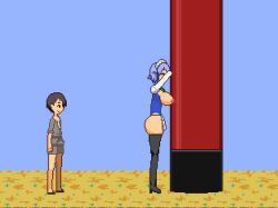 1boy 1girl animated animated_gif black_thighhighs blush breasts breasts_out grabbing_another&#039;s_ass grabbing_another&#039;s_breast groping hetero izayoi_sakuya large_breasts maid maid_headdress nipples no_bra outdoors pixel_art sonken2501 thigh_sex thighhighs touhou