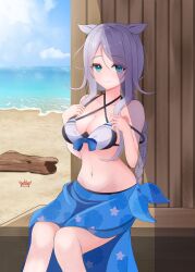 Rule 34 | 1girl, absurdres, adapted costume, beach, bikini, black bikini, blue eyes, blue sarong, blue sky, braid, breasts, cleavage, cloud, criss-cross halter, day, feet out of frame, gucchi (gucchi zuizui), hair flaps, halterneck, highres, horizon, kantai collection, large breasts, mole, mole under eye, ocean, outdoors, purple hair, sailor bikini, sailor collar, sarong, single braid, sky, smile, solo, swimsuit, umikaze (kancolle), umikaze (swimsuit) (kancolle), umikaze kai ni (kancolle)