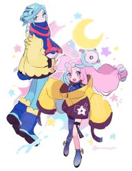 1boy 1girl :d blue_boots blue_hair blue_pants blue_scarf boots bow-shaped_hair character_hair_ornament commentary_request creatures_(company) crescent eneko_(olavcnkrpucl16a) eyelashes game_freak grey_shoes grusha_(pokemon) hair_ornament highres iono_(pokemon) jacket long_hair looking_at_viewer medium_hair nintendo open_mouth pants pink_hair poke_ball_print pokemon pokemon_sv scarf shoes smile star_(symbol) star_print striped_clothes striped_scarf thigh_strap twintails twitter_username yellow_jacket