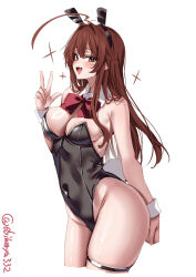 1girl ahoge animal_ears artist_name black_leotard blush breasts brown_eyes brown_hair commentary_request cropped_legs detached_collar ebifurya fake_animal_ears fake_tail fang hair_between_eyes hair_intakes highleg highleg_leotard highres kantai_collection kuma_(kancolle) leotard long_hair medium_breasts one-hour_drawing_challenge open_mouth playboy_bunny rabbit_ears rabbit_tail sidelocks simple_background smile solo strapless strapless_leotard tail thigh_strap twitter_username w white_background wrist_cuffs