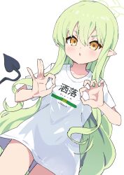 1girl absurdres blue_archive breasts collarbone commentary_request demon_girl demon_tail green_hair green_halo halo highres hikari_(blue_archive) long_hair looking_at_viewer open_mouth orange_eyes paid_reward_available pointy_ears simple_background small_breasts solo tail textless_version transparent_background v-shaped_eyebrows very_long_hair yucblossom