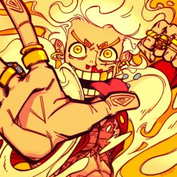 1boy abs awakening blood clenched_hand cloud curly_eyebrow earrings fighting_stance fingerprint foreshortening gear_fifth gold_earrings gold_ring gold_tooth grin hand_up highres jewelry jolly_roger long_hair looking_at_viewer monkey_d._luffy nose nosebleed one_piece open_clothes open_mouth palms red_vest ring scar scar_on_chest scar_on_face smile solo spread_fingers straw_hats_jolly_roger tongue tongue_out upper_body v-shaped_eyebrows vest white_hair yellow_background yellow_eyes yellow_theme