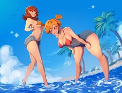2girls absurdres aqua_eyes artist_request asymmetrical_hair barefoot beach bent_over bikini blonde_hair blue_eyes blush bra breasts brown_hair cleavage covered_erect_nipples curvy denim denim_shorts feet game_freak gen_1_pokemon highres large_breasts leaning_forward legs mario_(series) micro_bikini misty_(pokemon) multiple_girls navel nintendo perky_breasts pokemon pokemon_rgby ponytail princess_daisy shiny_skin short_shorts shorts side_ponytail smile source_request standing super_mario_land sweatdrop swimsuit tan tanline thighs underwear water