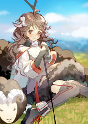1girl animal animal_ears arknights bananakeki blurry blurry_background blush boots brown_hair closed_eyes cloud day eyjafjalla_(arknights) fur grass grey_thighhighs highres holding holding_staff horns long_hair long_sleeves looking_at_viewer mask mask_around_neck outdoors red_eyes sheep sheep_ears sheep_girl sheep_horns sitting sky staff thighhighs