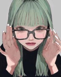 Rule 34 | 1girl, black shirt, blunt bangs, closed mouth, fingernails, glasses, green hair, grey background, grey eyes, hands on eyewear, hands up, highres, long hair, looking at viewer, mole, mole under eye, mole under mouth, original, shirt, solo, straight-on, white nails, wispy bangs, yudouhu (yudouhu yu 102)