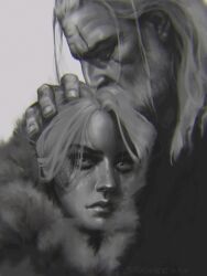 1boy 1girl ciri geralt_of_rivia grey_background greyscale hand_on_another&#039;s_head highres long_hair monochrome scar scar_across_eye scar_on_face signature simple_background skadivore solo the_witcher_(series) the_witcher_3