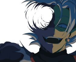 1boy black_bodysuit bodysuit colored_skin crazy_eyes crazy_smile dragon_ball dragon_ball_super earrings fused_zamasu green_skin grey_eyes h1mboenjoyer head_injury jewelry looking_at_viewer melting multicolored_skin mutation pointy_ears potara_earrings purple_skin shaded_face sharp_teeth smile solo spiked_hair teeth white_hair