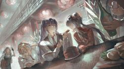 1boy 1other 3girls architecture black_eyes black_gloves black_vest blue_eyes bottle bowl brother_and_sister brown_hair chinese_clothes chopsticks cindymeimezu closed_eyes coat cup double_bun east_asian_architecture eating feeding fingerless_gloves food gloves grin hair_bun hand_up heterochromia highres holding holding_bottle holding_chopsticks holding_coat holding_cup holding_unworn_clothes hong_lu_(project_moon) ishmael_(project_moon) jia_xichun_(project_moon) lantern limbus_company liu_association_south_uniform long_hair long_sleeves looking_at_another multiple_girls necktie noodles orange_hair out_of_frame plate ponytail project_moon red_coat red_necktie rodion_(project_moon) shirt siblings smile twintails unworn_coat vest white_shirt wide_sleeves wine_bottle