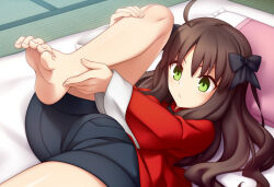 1girl ahoge arima_miyako barefoot black_shorts blush bow breasts brown_hair chinese_clothes feet foot_out_of_frame fuu_(koneko_no_yomeiri) green_eyes hair_bow long_hair long_sleeves melty_blood shorts small_breasts soles solo toenails toes tsukihime