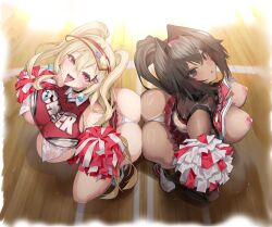 2girls areola_slip ass bay_(nikke) black_choker black_hair blonde_hair blush breasts cheerleader choker clay_(nikke) closed_mouth from_above goddess_of_victory:_nikke highres holding holding_pom_poms large_breasts long_hair looking_at_viewer looking_up multiple_girls open_mouth pom_pom_(cheerleading) pom_poms ponytail red_eyes satou_daiji smile tongue tongue_out