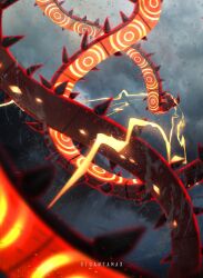 centiskorch cloud cloudy_sky commentary_request embers gen_8_pokemon gigantamax gigantamax_centiskorch highres nintendo no_humans otsumami_(bu-bu-heaven) pokemon pokemon_(creature) pokemon_focus sky solo