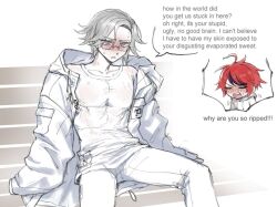 Rule 34 | aotsuki eito, black hair, blush, coat, commentary, english commentary, english text, eyelashes, glasses, grey hair, long sleeves, male focus, multicolored hair, multiple boys, open clothes, open coat, open mouth, pants, red hair, see-through clothes, shirt, simple background, sitting, speech bubble, sumino takumi, sweat, the hundred line -last defense academy-, tsu (lovesick1964), wet, wet clothes, white background, white coat, white pants, white shirt