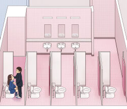 1boy 1girl blue_jacket blue_skirt bra brown_hair hetero jacket kiyo_(kyokyo1220) mirror original pink_bra pleated_skirt public_restroom school_uniform skirt tile_floor tile_wall tiles toilet underwear